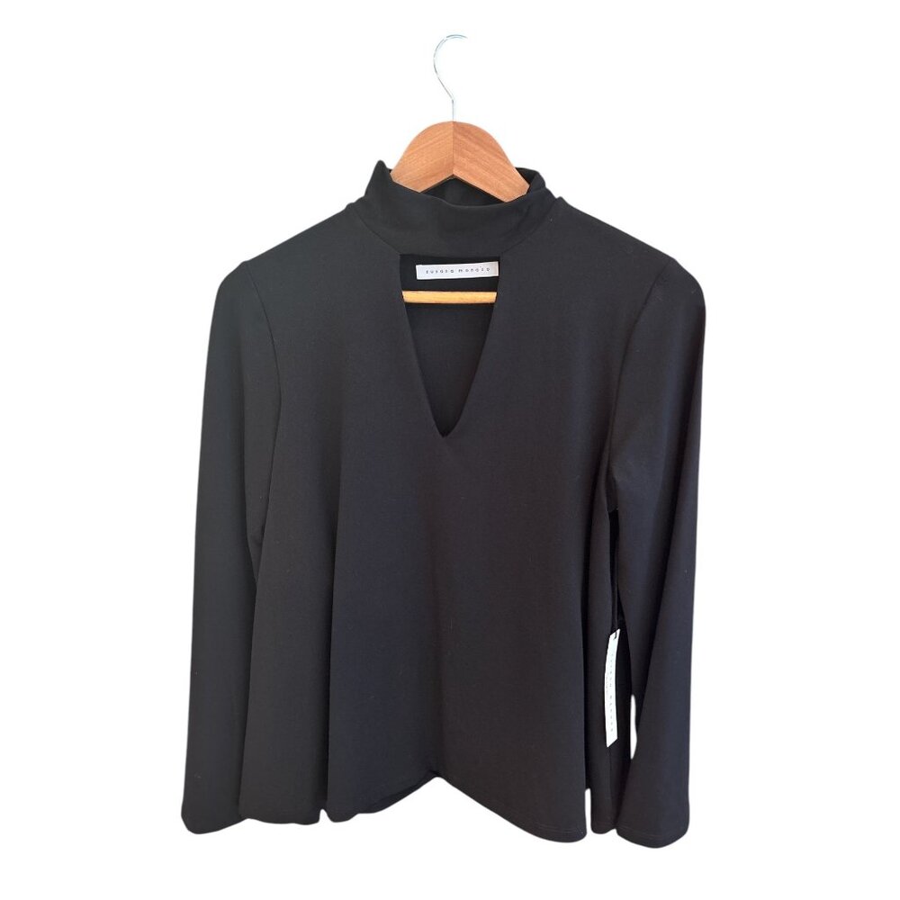 Whimsigoth Susana Monaco Womens Black Long Sleeve Top With Mock Neck & V-Necklin